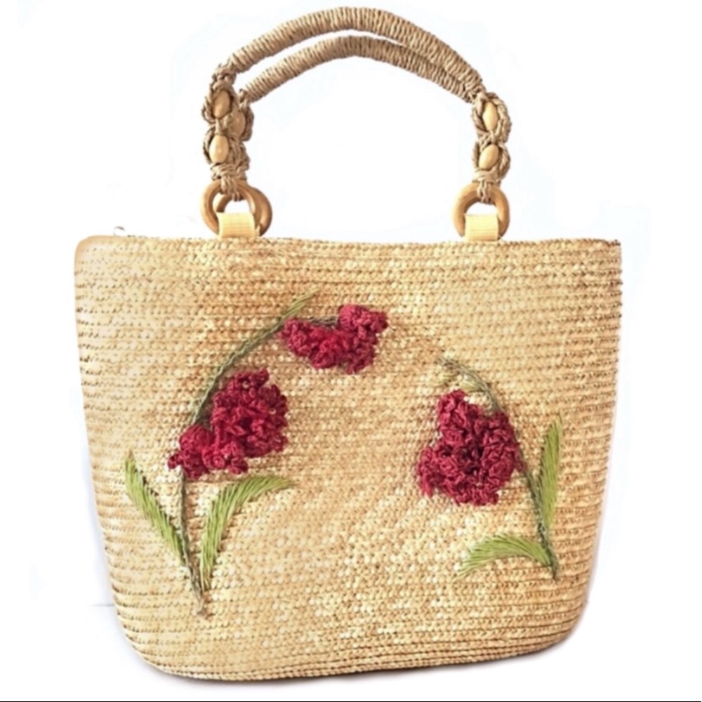 Straw Bag Flower 3D embroidery Zipper closure